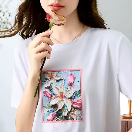 重工刺绣纯棉t恤女夏装2024年新款时尚质感短袖上衣宽松体恤衫潮商品大图