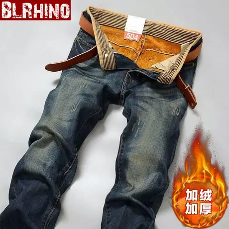 冬款新款仔裤男士宽松直筒复古潮裤韩版洗水男装加厚保暖牛仔长裤商品大图