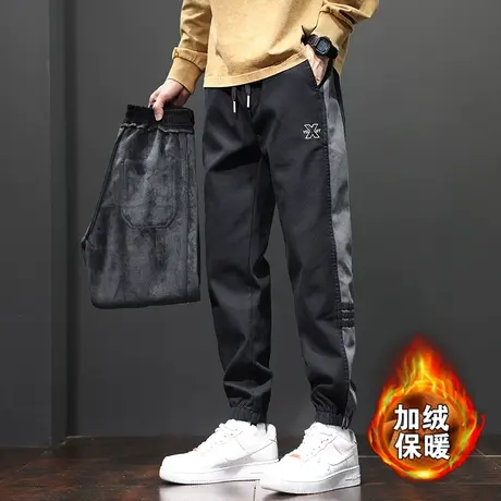 2023秋冬新款男士加绒加厚牛仔裤个性束脚裤九分裤休闲裤潮流长裤图片