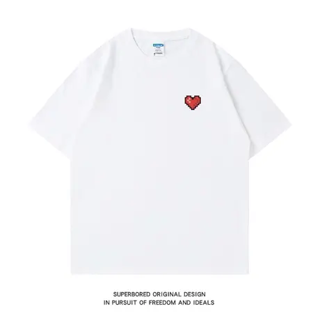 夏季简约爱心印花t恤男青少年宽松休闲情侣装纯棉短袖半袖体恤衫图片