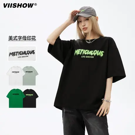 VIISHOW字母印花纯棉T恤男款2024夏季新款美式宽松圆领男生短袖图片