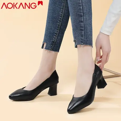 奥康女鞋2021春季新款尖头真皮粗跟时尚通勤单鞋工作鞋高跟浅口鞋商品大图