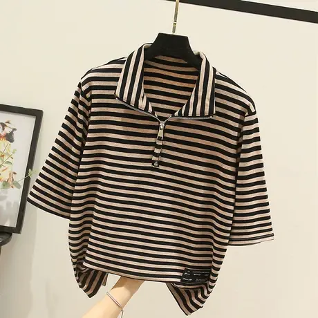 2021春夏新款宽松百搭个性条纹立领中袖T恤女韩版时尚洋气打底衫图片