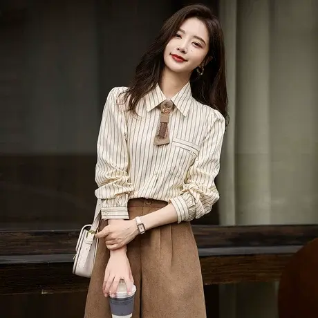 时尚气质淑女2023年秋季新款女装条纹显龄可拆卸领带百搭长袖衬衫商品大图