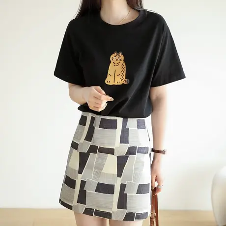 嘉茱莉2023夏季新款短袖t恤女小老虎印花设计感小众体恤内搭上衣商品大图