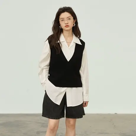 omont蛋挞家 复古V领全羊毛针织马甲2023秋冬新款无袖内搭毛衣女商品大图