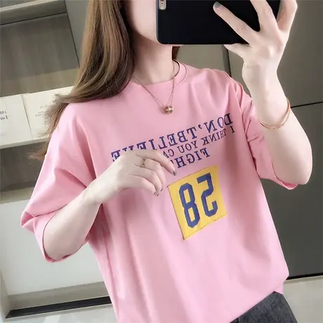 2023夏季新款韩版宽松BF短袖T恤女ins潮百搭贴布印花半袖圆领上衣图片