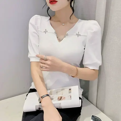 女装2023新款设计感链条V领T恤短袖心机镂空泡泡袖上衣洋气小衫夏商品大图