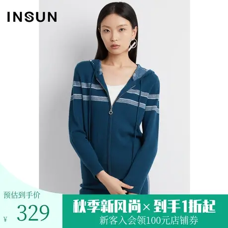 恩裳2023年早春新品时尚简约连帽休闲运动修身羊毛针织衫商品大图