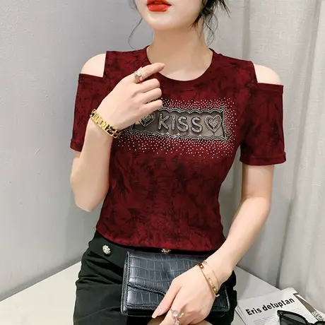 欧货性感露肩T恤女短袖时尚印花修身显瘦小衫网纱拼接镂空上衣夏商品大图