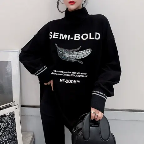 韩版休闲卫衣女秋冬中长款宽松显瘦打底衫长袖加厚半高领大版上衣商品大图