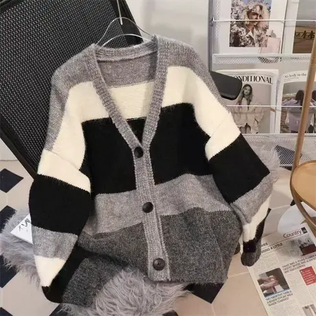 2023年秋装新款v领条纹针织开衫外套女软糯设计感高级休闲上衣女图片