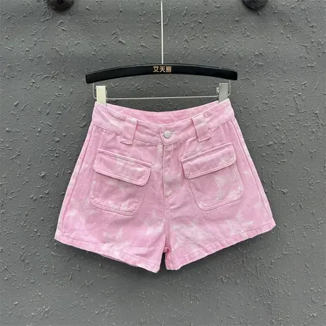 粉色甜辣美式工装牛仔短裤女2023夏季新款时尚高腰宽松阔腿裤热裤商品大图