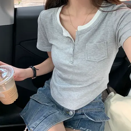 2023年夏季新款短款百搭撞色假两件T恤女短袖爆款ins超火打底上衣商品大图