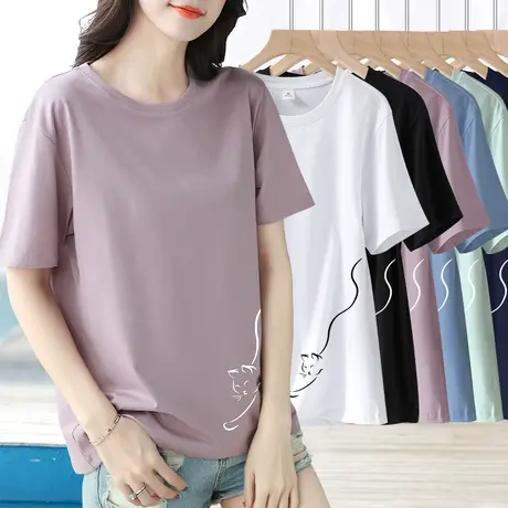 纯棉短袖t恤女2023年夏季新款体恤圆领宽松显瘦百搭卡通印花上衣商品大图