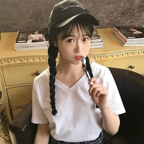 v领hip-hop纯色短袖女生酷酷的巨袖t恤 复古网红衣服女 街拍款商品大图