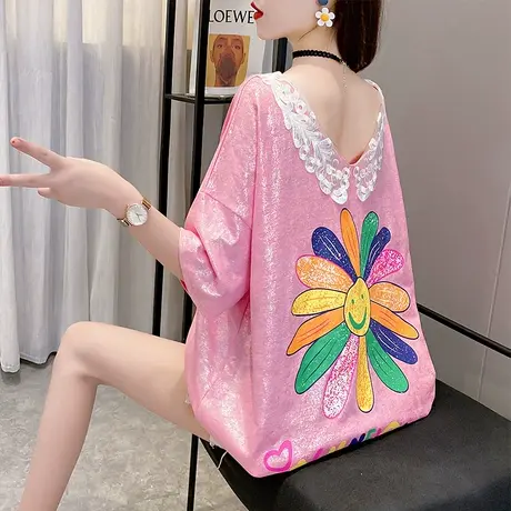 网红ins超火短袖t恤女夏韩版宽松中长款亮闪闪娃娃领露背上衣服潮商品大图