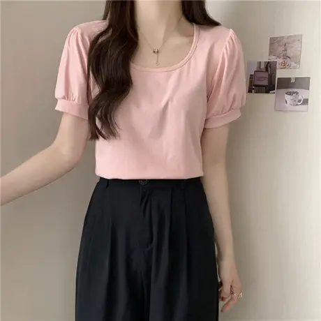 港风纯棉短袖T恤女夏季新款修身百搭韩版显瘦内搭打底泡泡袖上衣商品大图