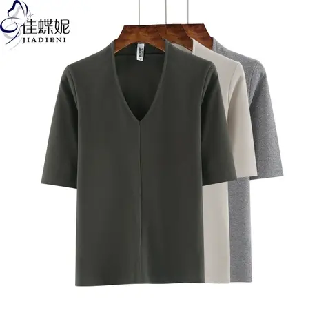 春秋新款韩版纯白修身显瘦V领纯色压线小心机中袖体恤上衣女半袖商品大图