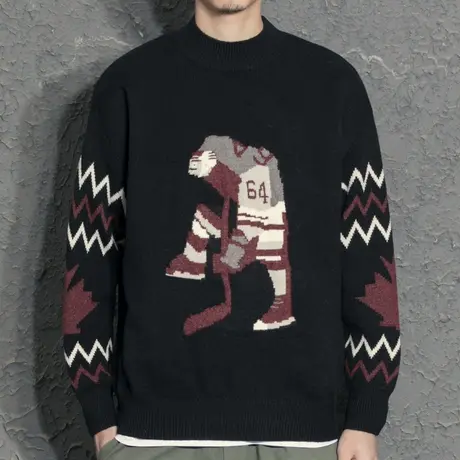 卡通黑色圆领毛衣男2021秋冬新款潮流线衣加厚宽松针织衫打底毛衫图片