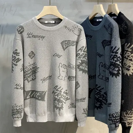 秋冬季新款厚款圆领毛衣男士针织衫打底衫潮流毛线衫情侣宽松外套商品大图