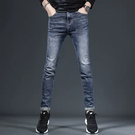 破洞牛仔裤男秋冬厚款2022新款潮牌蓝色修身小脚弹力百搭男士裤子商品大图