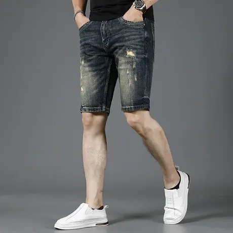 美式破洞牛仔短裤男五分裤夏季薄款2023新款修身复古潮牌男士中裤商品大图