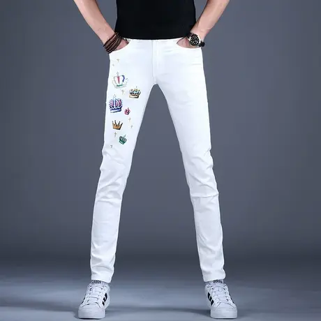 烫钻印花白色牛仔裤男修身小脚秋款裤子广州新塘潮牌男款2023新款商品大图
