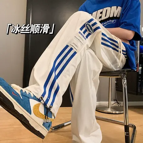 青少年冰丝裤子男夏季宽松直筒休闲潮牌潮流美式抽绳束脚运动长裤图片