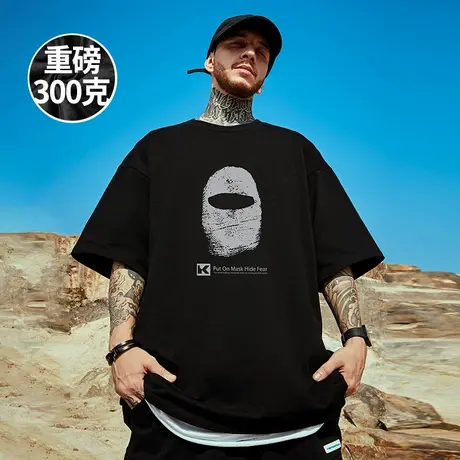 重磅加肥加大夏季大码半袖纯棉t恤男士美式复古潮流宽松黑色短袖商品大图