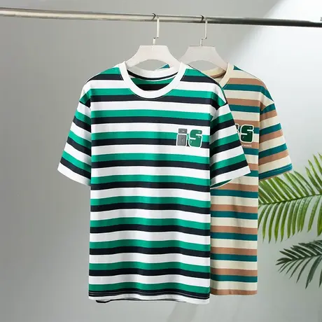 青中年条纹圆领T恤男ins短袖潮流宽松时尚半袖2023年新款夏季男t商品大图
