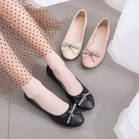 女鞋春季单鞋2023新款韩版浅口蝴蝶结豆豆鞋仙女鞋温柔平底晚晚鞋商品大图