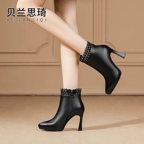 真皮水钻镂空尖头细跟短靴女2023秋冬季新款单靴子防水台高跟短靴图片