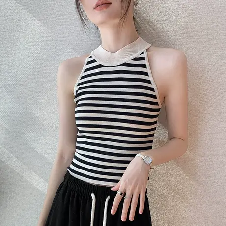 条纹挂脖吊带背心女2024春季新款修身显瘦百搭性感内搭无袖打底衫商品大图
