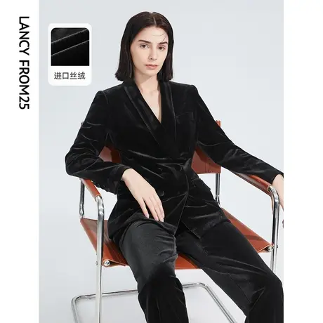朗姿法式复古丝绒修身职业通勤黑色气质西装西服外套上衣女秋新款商品大图