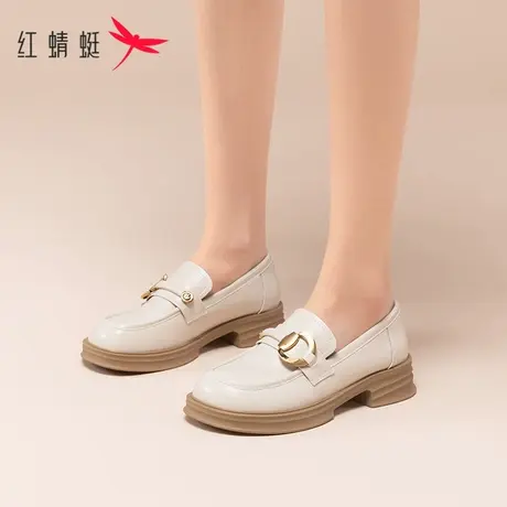 红蜻蜓黑色英伦风小皮鞋女2023新款秋冬百搭复古单鞋一脚蹬乐福鞋商品大图