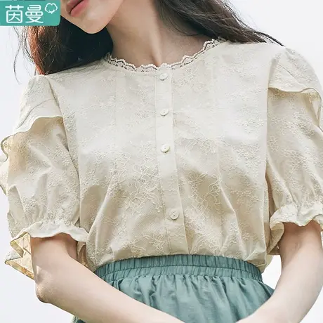 茵曼法式复古泡泡袖衬衣女装2023年夏季新款花边圆领宽松纯棉上衣商品大图