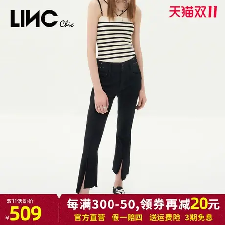 LINC金羽杰牛仔裤女2023秋季新款中腰开衩薄款直筒喇叭裤九分裤商品大图