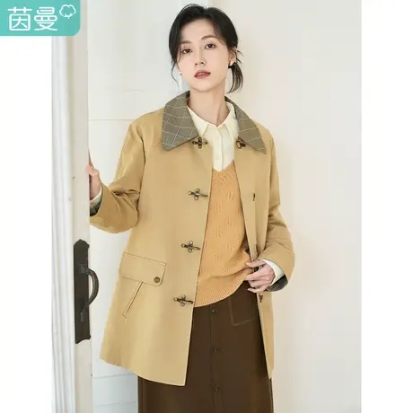 茵曼2023春女装新款英伦复古落肩色织格拼接翻领宽松中长款外套图片