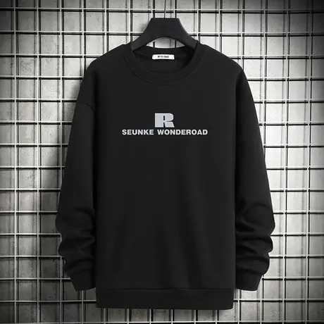 男生卫衣潮ins春秋款潮牌秋季加绒套头无帽薄款宽松圆领长袖黑色商品大图