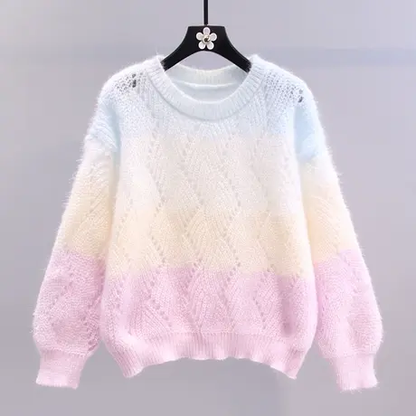 日系甜美彩虹条纹镂空毛衣女2023早秋新款宽松温柔风软软针织上衣图片