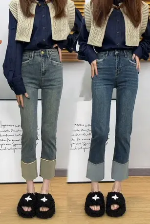 蓝色高腰直筒牛仔裤女春秋2023年新款翻遍法棍裤小个子烟管裤子潮商品大图