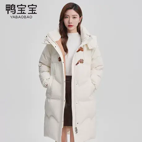 鸭宝宝中长款加厚羽绒服女2023秋冬新款过膝牛角扣连帽外套商品大图