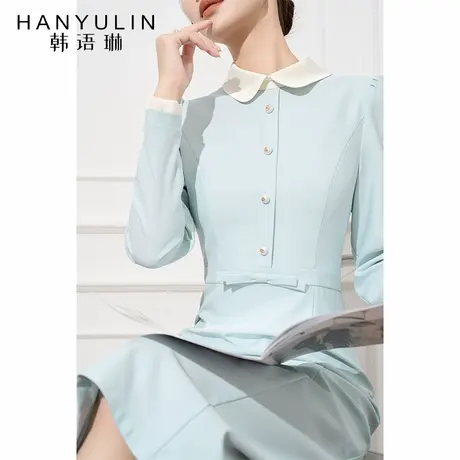法式气质连衣裙2025新款女春秋季设计感小众收腰显瘦蓝色缎面裙子图片