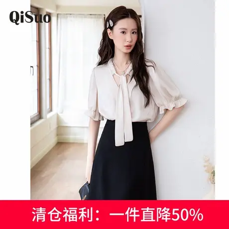 绮娑显瘦胖mm上衣女夏装新款法式高级感飘带气质大码衬衫短袖小衫商品大图