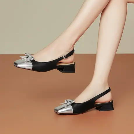 夏季真皮蝴蝶结拼接包头凉鞋女通勤舒适时尚牛皮后空单鞋低跟女鞋商品大图