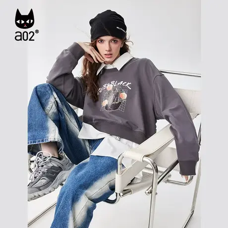 a02Fuzzy style宽松短款圆领卫衣2023年秋季新款女装长袖休闲T恤图片