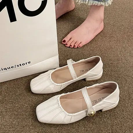 银色单鞋女2023春秋新款小众配裙子浅口低跟玛丽珍鞋法式韩版鞋子图片