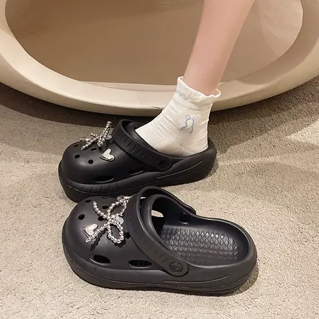 时尚蝴蝶结珠链洞洞鞋女夏季网红外穿厚底沙滩防滑两穿包头凉拖鞋商品大图