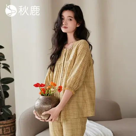 秋鹿柔软梭织色织格纯棉睡衣女2025夏优雅宽松七分袖格子家居服商品大图